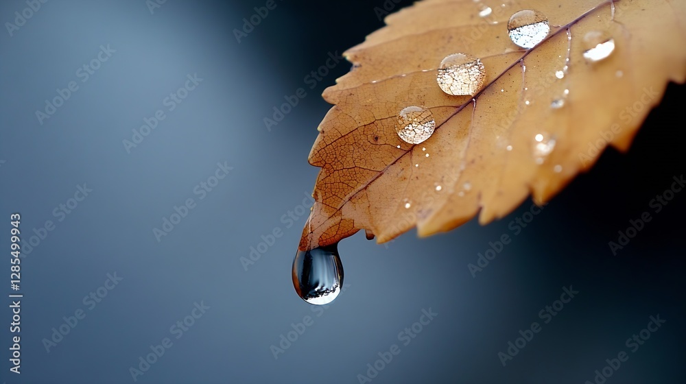 Poster dew droplets on brown autumn leaf against soft background for nature photography : generative ai