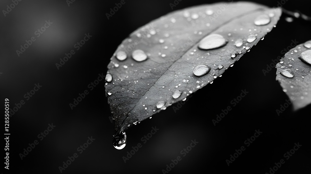 Poster close-up of rain droplets on dark leaf surface creating a striking black and white contrast : genera
