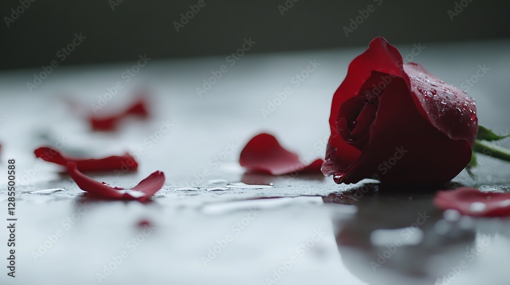 Poster fresh red rose with dew drops on table surrounded by rose petals for romantic occasions : generative