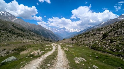 Scenic Mountain Landscape With Hiking Path Under Bright Blue Sky And Cotton Clouds : Generative AI