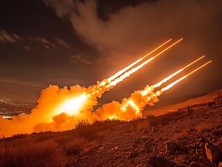 Nighttime Rockets Are Launching With Bright Orange Trails Behind Them
