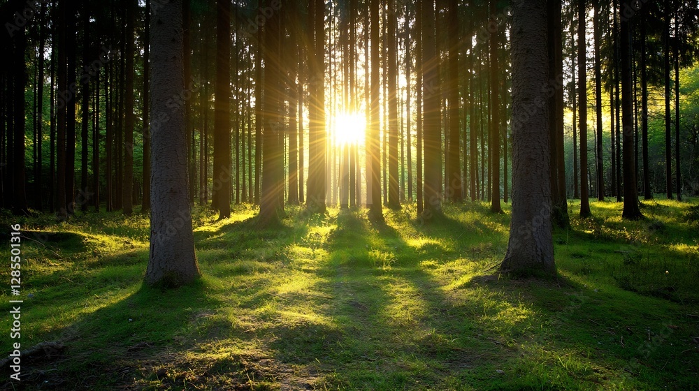 Leinwandbilder golden sunlight shining through tall trees in a serene forest creating a magical scene : generative 