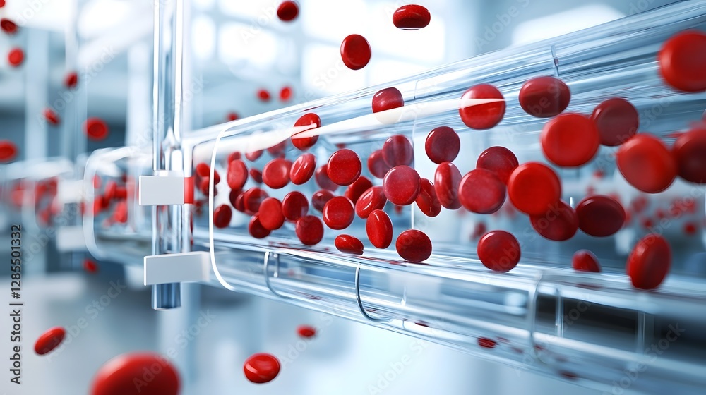 Poster 3d rendered of red blood cells circulating through a transparent intravenous transfusion system for 
