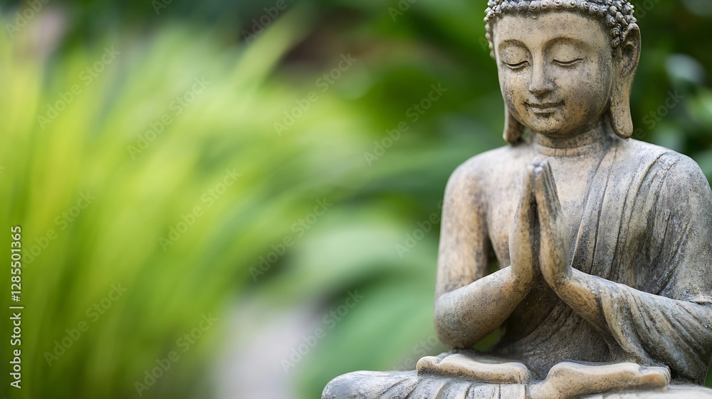 Poster serene buddha statue in lush garden creating a peaceful meditation atmosphere : generative ai