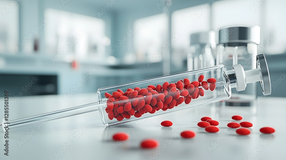 Aufkleber A 3D rendered of a transparent intravenous transfusion system showcasing the circulation of red blood cells through the tubing  This image represents the delivery of vital fluids medications