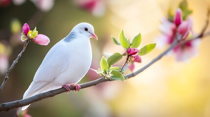 Obraz premium Graceful white dove perched on blooming branch surrounded by vibrant flowers symbolizing peace and serenity : Generative AI
