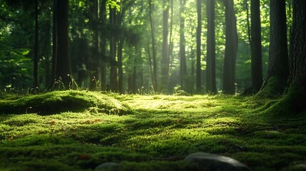 Obraz premium Enchanting sunlight illuminating a forest floor with soft moss and majestic trees creating a peaceful atmosphere : Generative AI