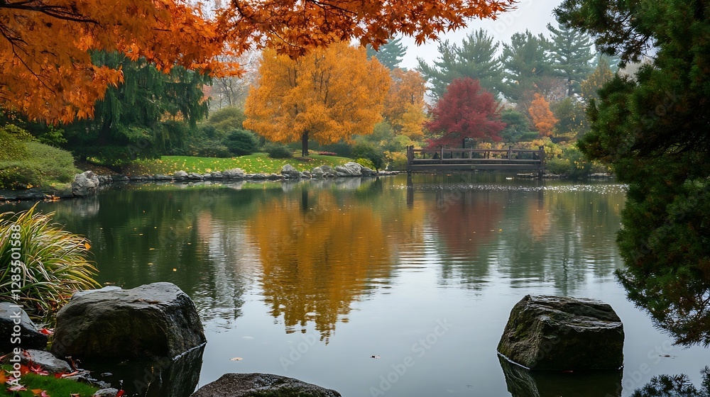 Poster serene autumn landscape reflection in tranquil pond with colorful foliage : generative ai