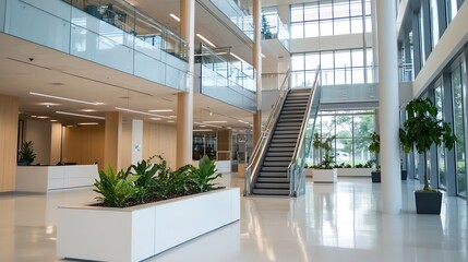 Fototapeta premium Modern and Spacious Office Interior with Natural Light and Greenery Design Elements : Generative AI