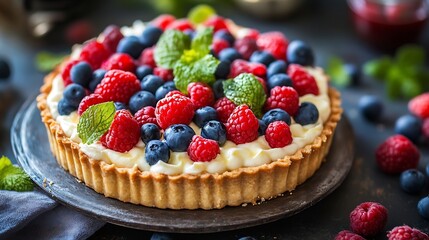 Fresh Delicious Fruit Tart with Raspberries Blueberries and Cream on Dark Table : Generative AI
