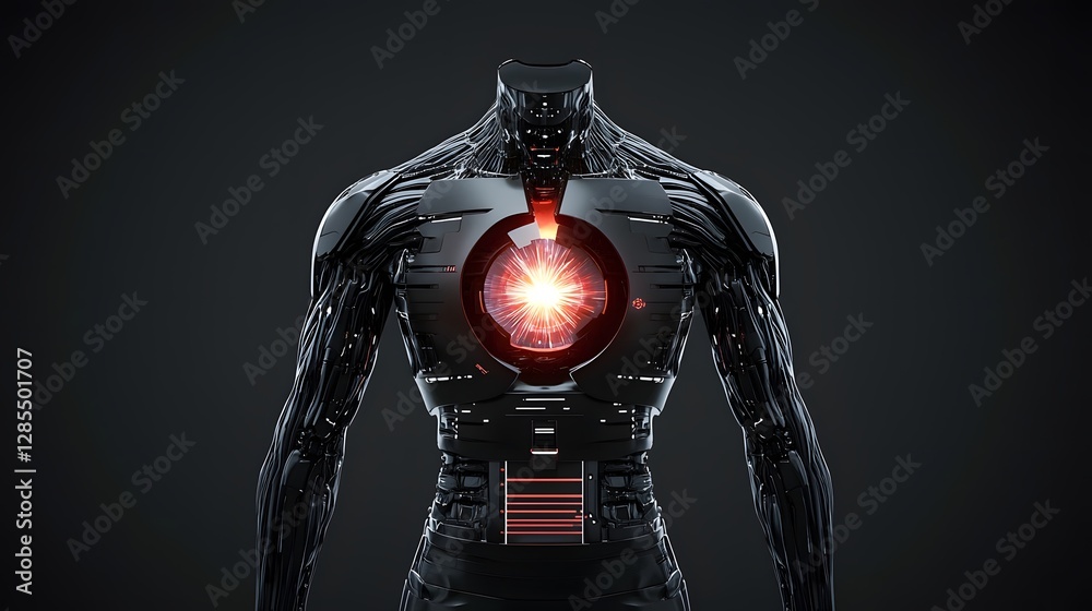 Poster 3D of a futuristic cyborg s chest plate opening to reveal a pulsating fusion energy core at the center  The advanced mechanical and technological design creates a striking and dramatic visual