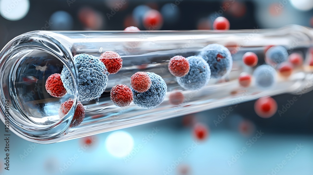 Poster 3d render depicting cells flowing through a transparent intravenous tube highlighting the transfusio