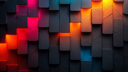 Luminous Blocks: Abstract Geometric Wallpaper.  A vibrant, dark background with neon lights and a textured surface. Perfect for modern design projects.