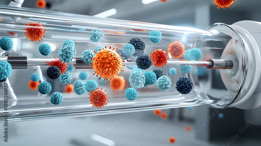 Poster 3D visualization of microscopic cells and microorganisms moving through a medical intravenous IV line during a transfusion process