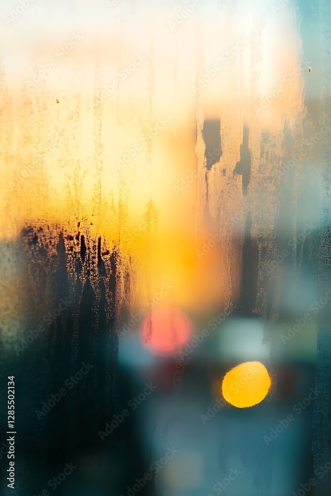Poster Blurry condensation on window with sunset light creating a dreamy colorful bokeh : Generative AI