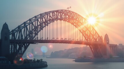 Fototapeta premium Sydney Harbour Bridge at Sunset with Radiant Sunlight and Lens Flare Effect