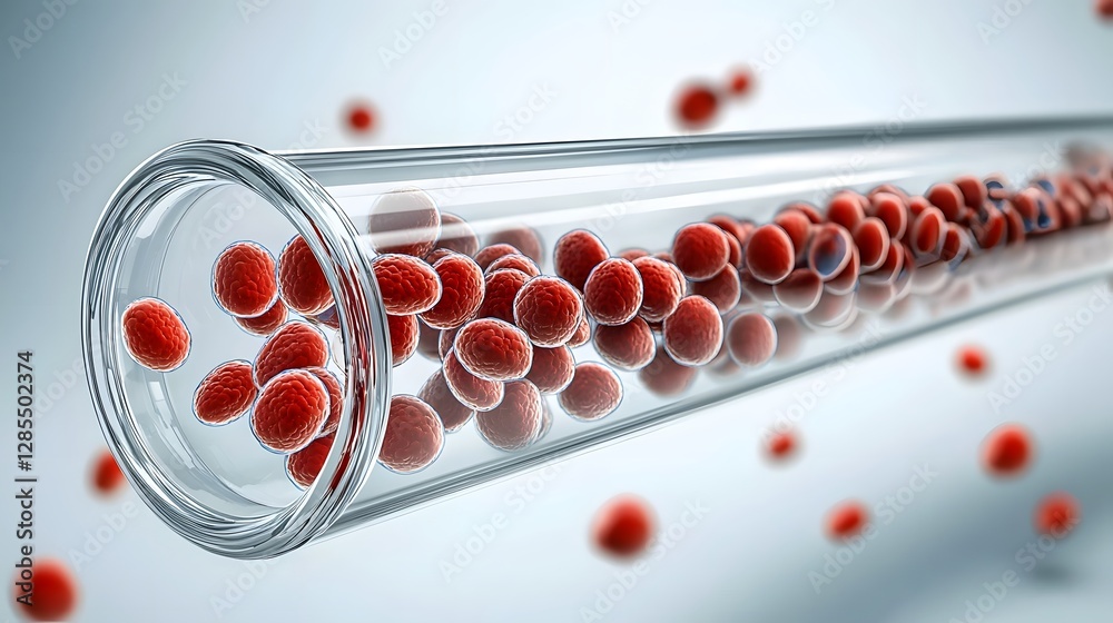 Poster A 3D rendering showcasing the transfusion pathway with numerous microscopic cells flowing through a transparent intravenous tube