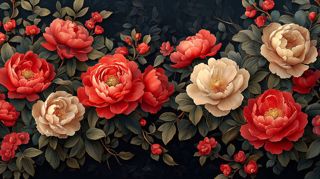 Red and Cream Peonies in Bloom: A Luxurious Floral Illustration