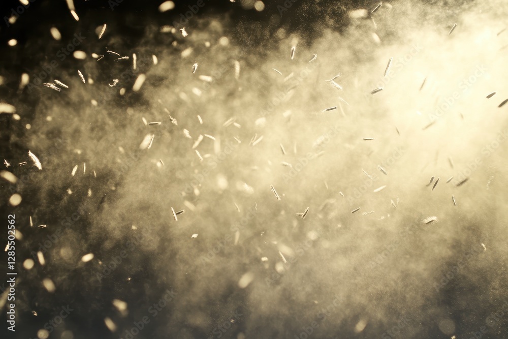 Poster particles swirl in the air creating an ethereal atmosphere in a dimly lit environment, many particle