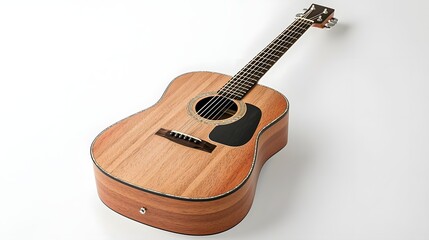 A beautifully crafted acoustic guitar with a smooth polished wooden texture resting on a clean white background  The classic instrument showcases its elegant design and natural materials