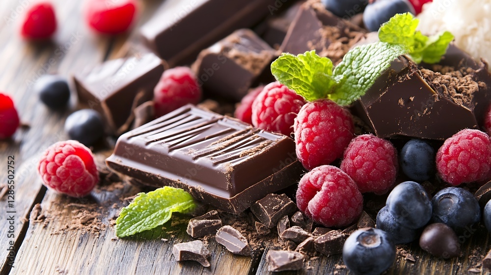 Poster delicious assortment of chocolate bars and fresh berries displayed on rustic wooden surface inviting