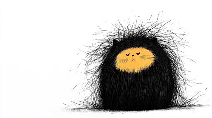 Obraz premium A depiction of a black and yellow cat with closed eyes and raised fur on its back