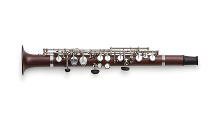 Obraz premium A beautifully crafted oboe with a dark wooden body and shiny silver plated keys resting on a clean white background showcasing the elegant design and professional of this classical musical instrument