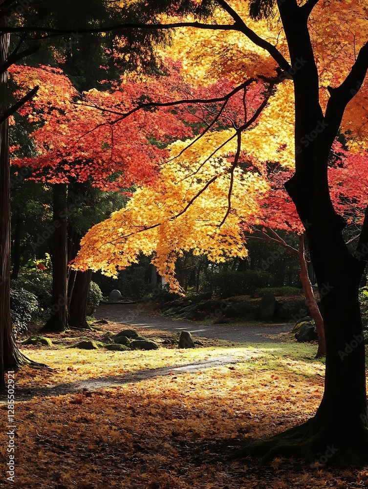 Poster Vibrant autumn leaves creating a stunning display of color in a tranquil park setting during fall season : Generative AI