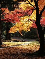 Vibrant autumn leaves creating a stunning display of color in a tranquil park setting during fall season : Generative AI