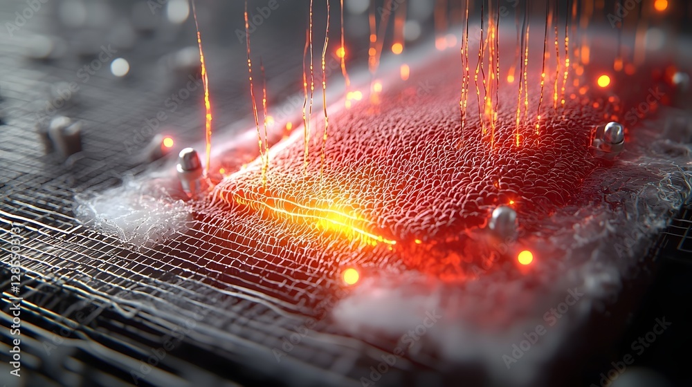 Poster A captivating macro photograph showcasing the intricate interface where organic tissue seamlessly integrates with mechanical implants featuring subtle pulsating lights that add a futuristic
