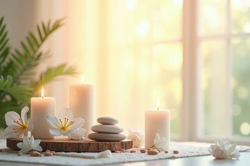 Soft Candle Glow. Wellness retreat living Goodal Med spa Flame diffuser Frequency healing Grow therapy Alma Asmr skincare Flewd White candles stones decoration relaxat