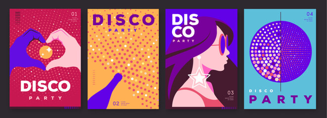 Set of retro disco party posters, covers or banners with disco ball. Disco background. Flat design. Vector illustration