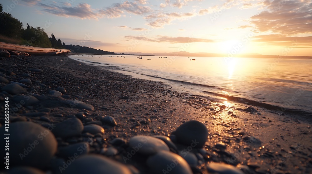 Poster tranquil sunset over the shoreline with calm waters and rocks at low tide : generative ai