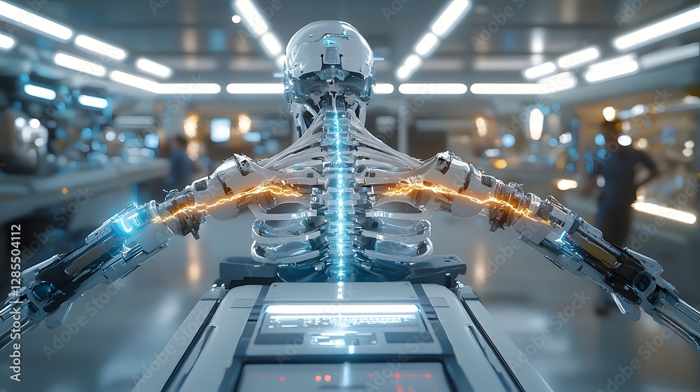 Poster a close up view of a cyborg s spine revealing the intricate mechanical vertebrae with glowing energy