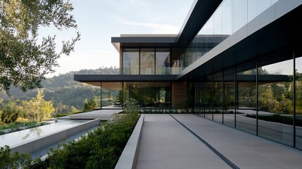 Obraz premium Modern luxury house surrounded by lush landscape and serene mountain view : Generative AI