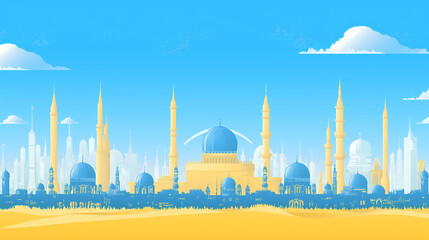 Naklejka premium Stylized Islamic Cityscape with Golden Minarets and Domes Under a Blue Sky