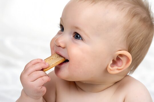 A baby chewing on a teething biscuit, drool visible on their chin as they explore the taste