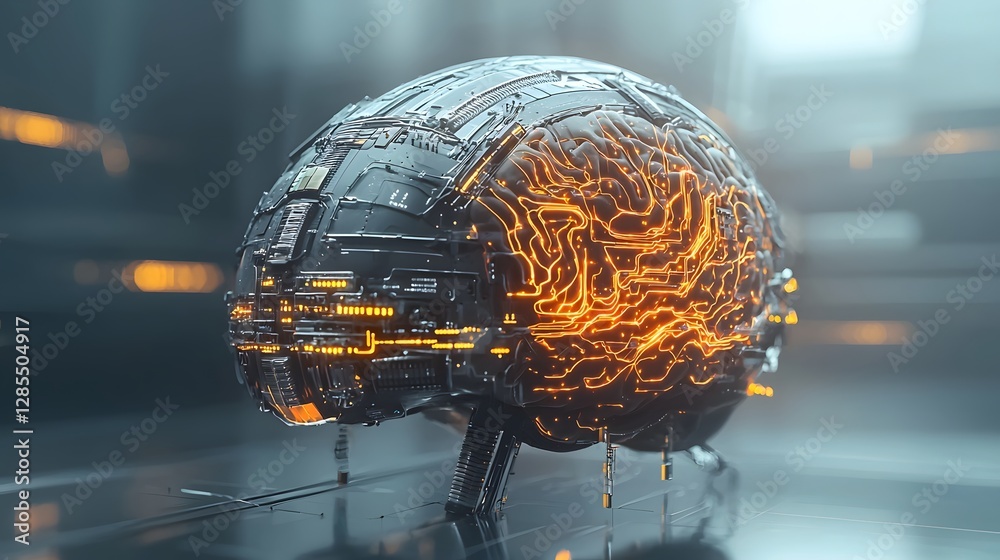 Poster A detailed digital of a cyborg brain interface with glowing neural circuits merging organic and intelligence