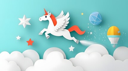 A fantastical of a winged unicorn soaring gracefully through a vibrant cloud filled sky surrounded by a trail of twinkling stars and cosmic energy