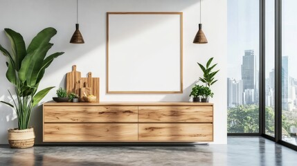 Modern Minimalist Living Room With Wooden Cabinet And Large Window
