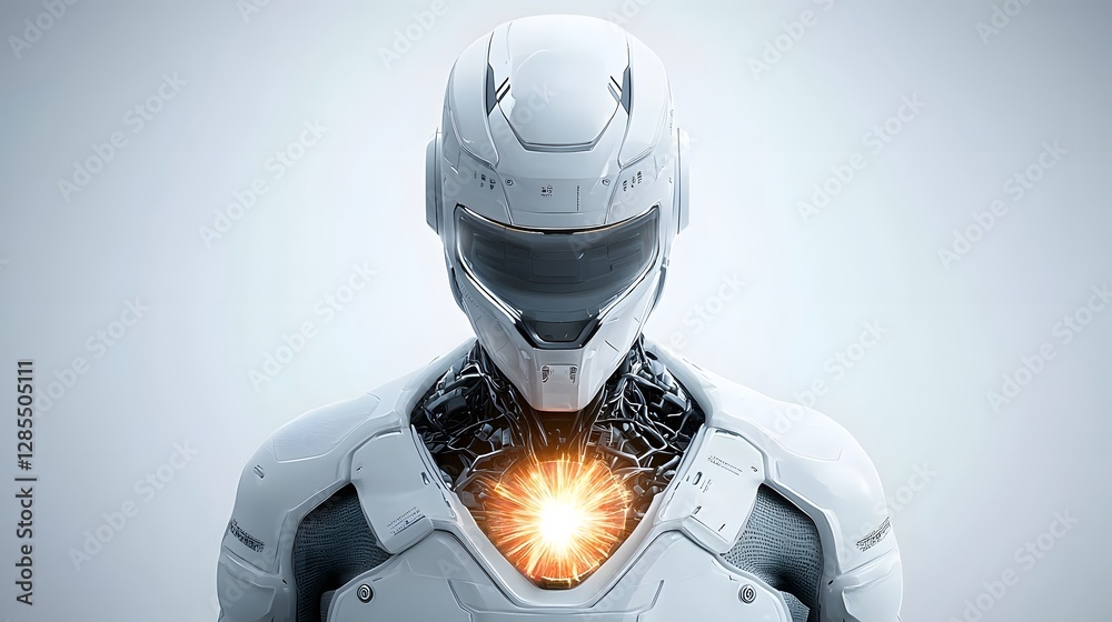 Poster a futuristic depiction of a cyborg s chest plate opening to reveal a pulsating fusion energy core sh