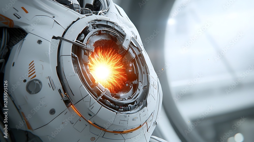 Poster a futuristic depiction of a cyborg s chest plate opening to reveal a pulsating fusion energy core sh