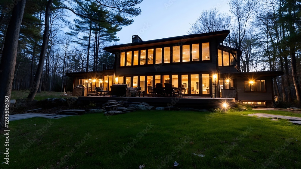 Poster modern stylish house illuminated at twilight surrounded by lush trees : generative ai