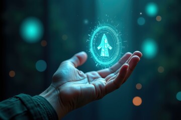 Space Launch Iconic. Hand with glowing rocket icon startup business in