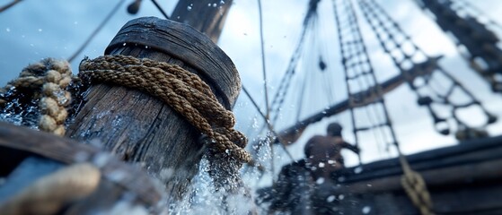 Sailing ship close-up, ocean spray, crew at work