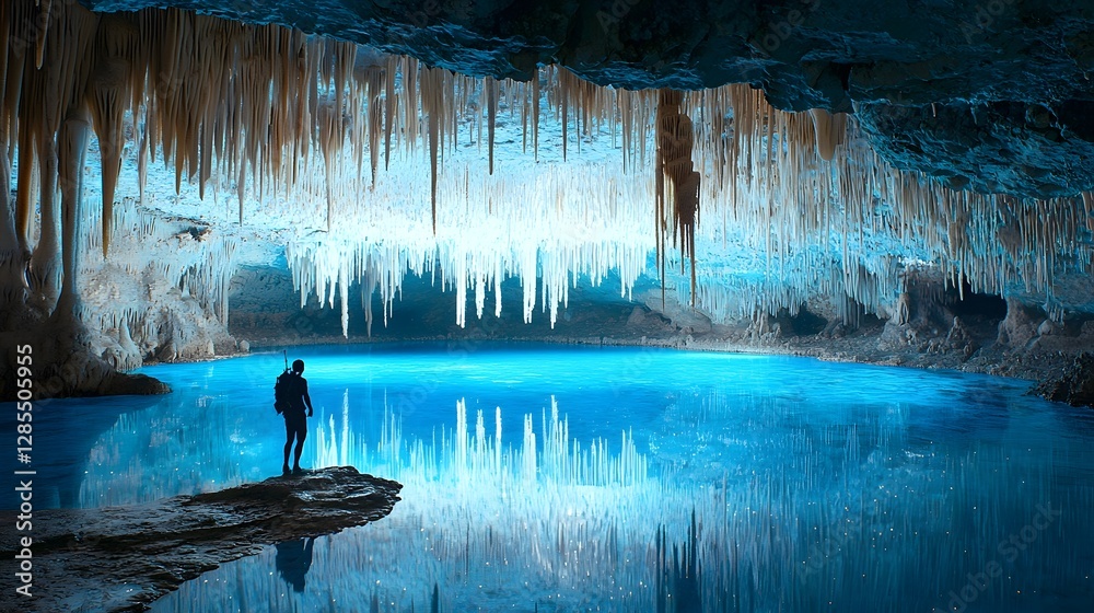 Poster a lone explorer navigating the mesmerizing bioluminescent network of caves casting a captivating ref