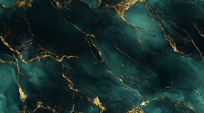 Dark green, gold and black marble seamless texture background with gold veins