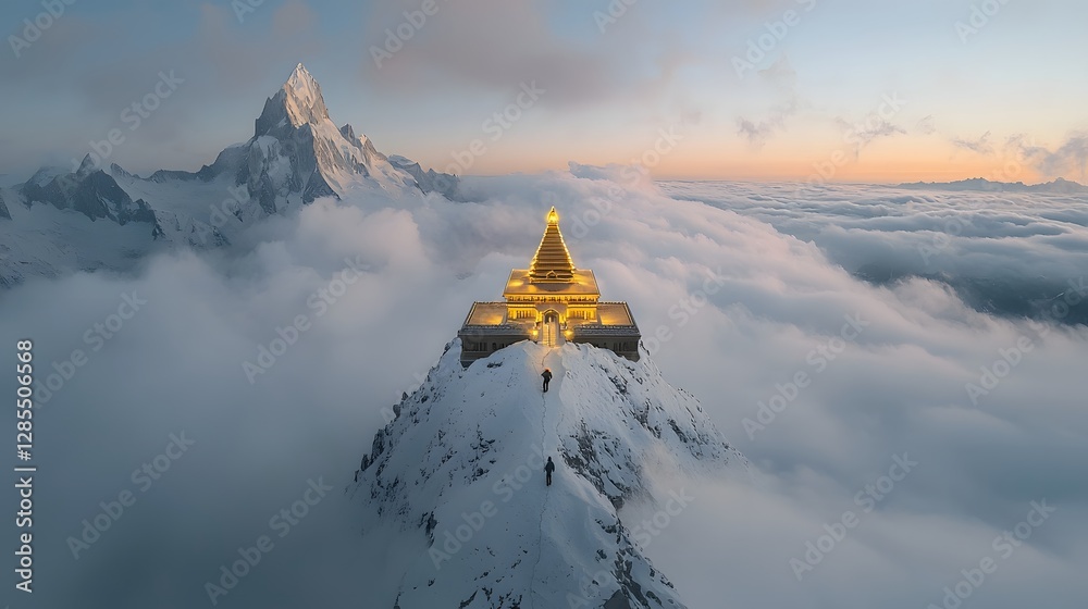 Poster a majestic mountain temple shimmering in golden light floating serenely above a sea of ethereal clou