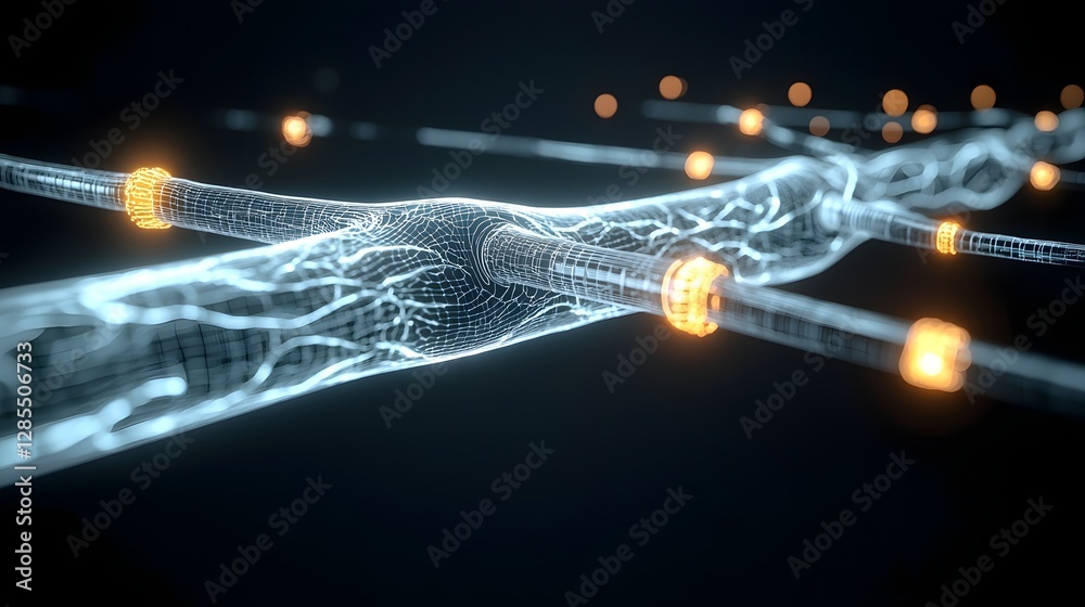 Aufkleber A mesmerizing macro shot of intricate mechanical veins running through a synthetic bioluminescent landscape creating a captivating and futuristic digital visualization