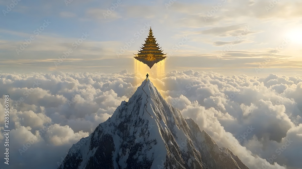 Poster a mountaineer embarks on an arduous climb to reach a floating golden temple perched atop a jagged sn